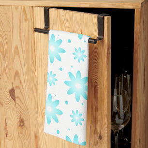 White and turquoise delicate daisy, dots pattern kitchen towel
