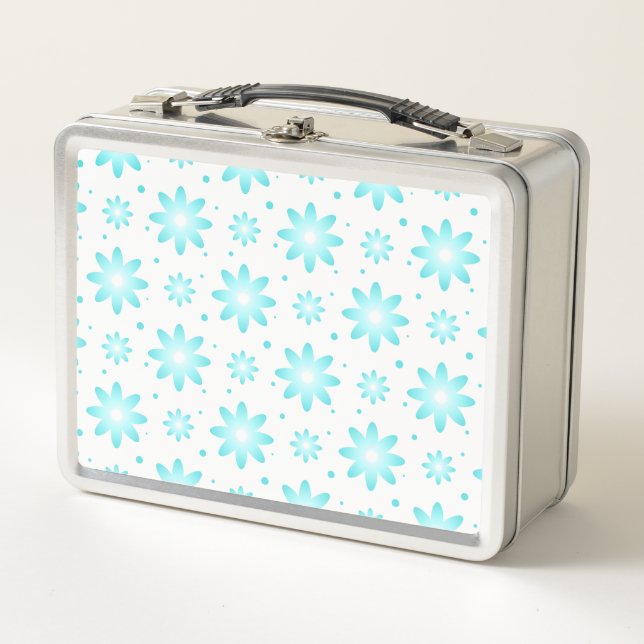 White and turquoise delicate daisy, dots pattern  metal lunch box (Front)