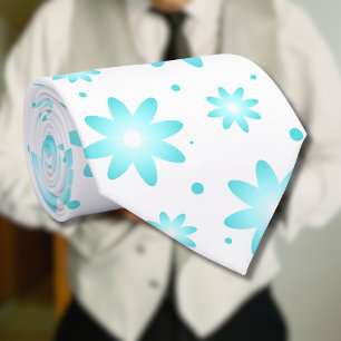 White and turquoise delicate daisy, dots pattern neck tie