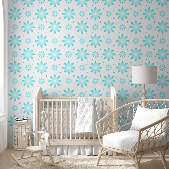 White and turquoise delicate daisy, dots pattern  wallpaper  (Kids)