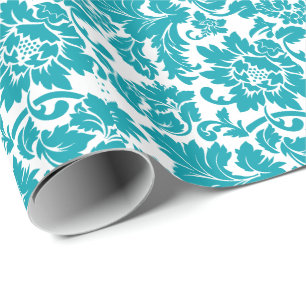 White And Turquoise Floral Damasks Pattern Wrapping Paper