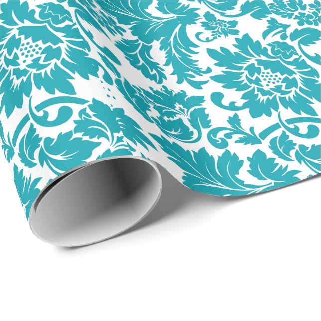 White And Turquoise Floral Damasks Pattern Wrapping Paper (Roll Corner)