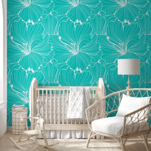 White and turquoise floral tile pattern wallpaper wallpaper 