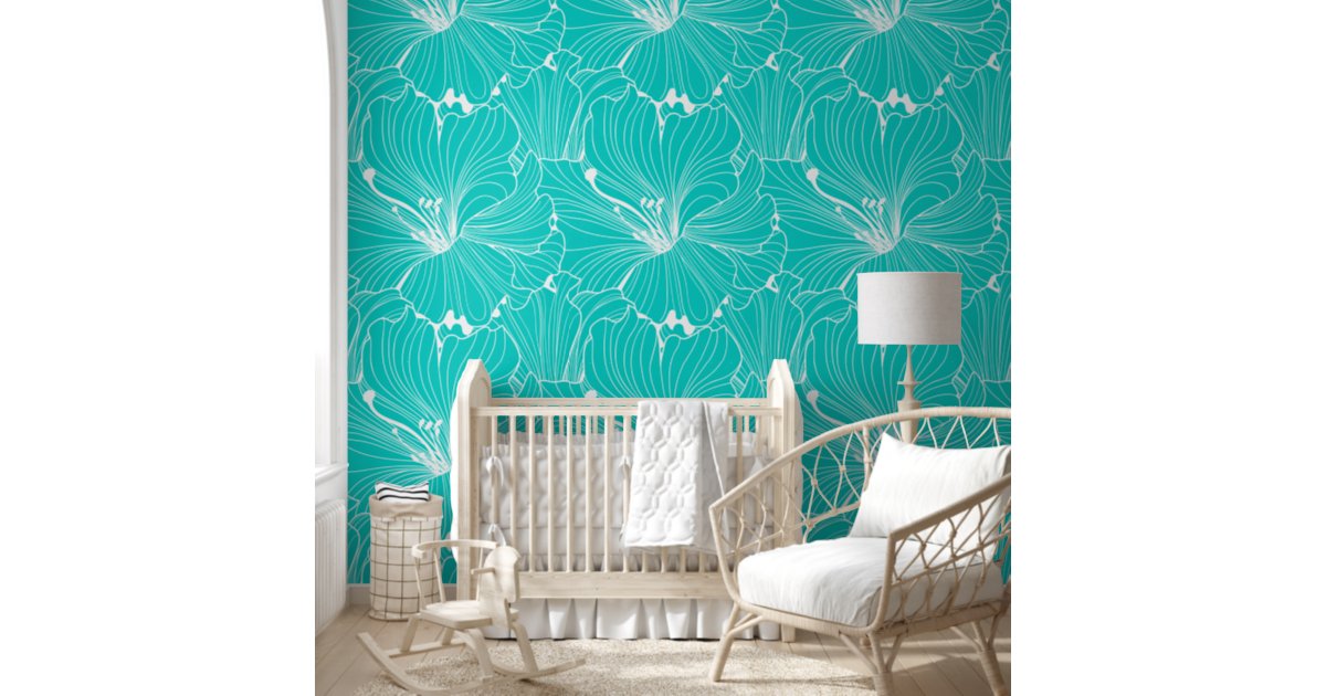 White and turquoise floral tile pattern wallpaper wallpaper Zazzle