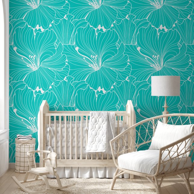 White and turquoise floral tile pattern wallpaper wallpaper  (Kids)