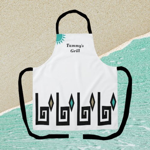 White and Turquoise Geometric Aztec Style Apron