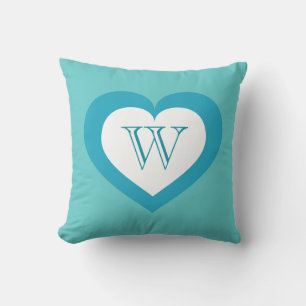 White and turquoise heart - monogram throw pillow