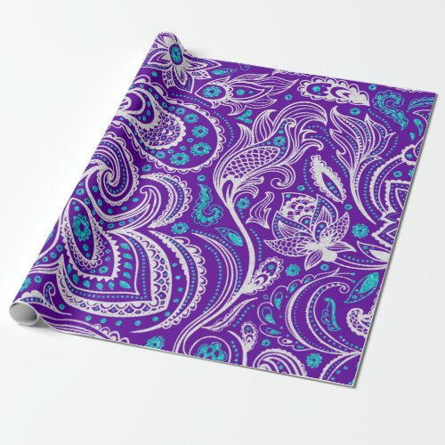 White and turquoise paisley pattern on purple wrapping paper