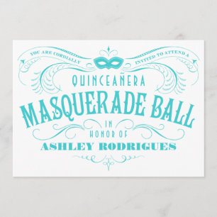 White and Turquoise Quinceanera Masquerade Invite