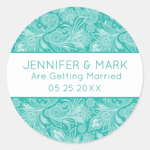 White and Turquoise Vintage Paisley Pattern Classic Round Sticker