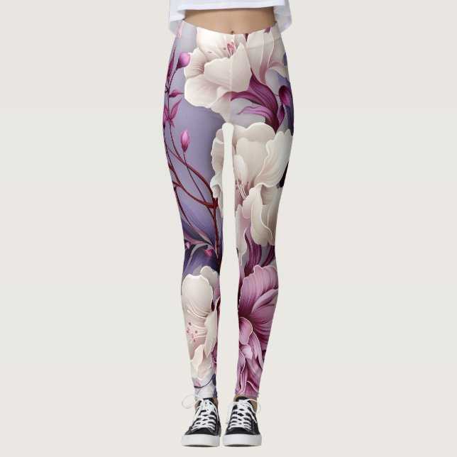 White and Violet Orchids Pattern Leggings (Front)