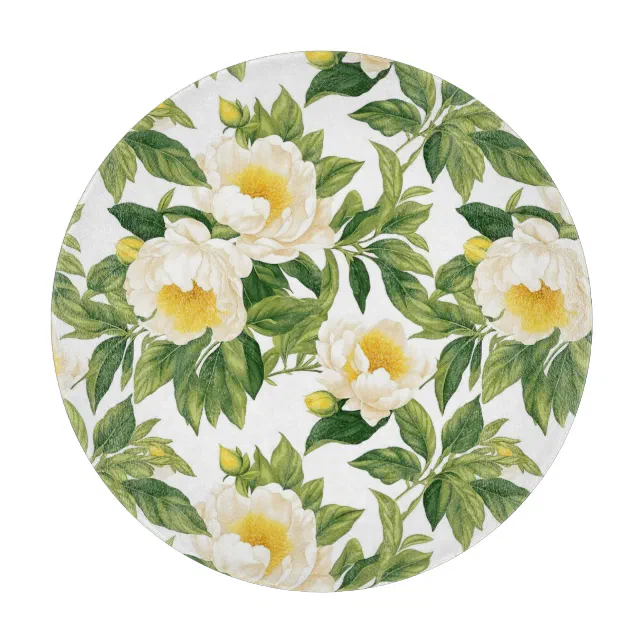 Discover White and yellow Claire de Lune peonies Cutting Board