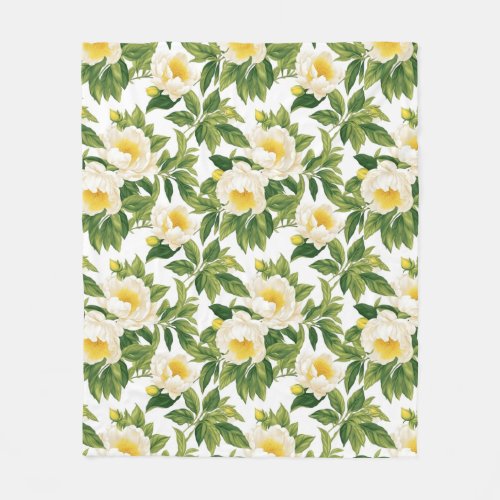 White and yellow Claire de Lune peonies Fleece Blanket