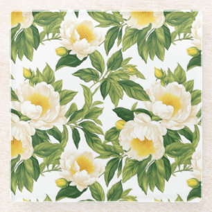 White and yellow Claire de Lune peonies Glass Coaster