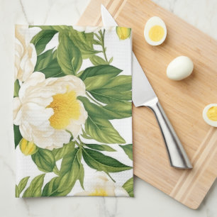 White and yellow Claire de Lune peonies Kitchen Towel