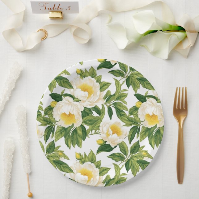 White and yellow Claire de Lune peonies Paper Plates (Wedding)