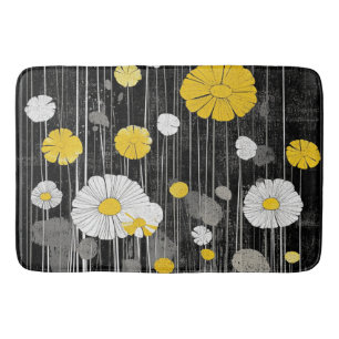 White and Yellow Daisies on Gray Black Bath Mat