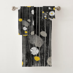White and Yellow Daisies on Gray Black Bath Towel Set