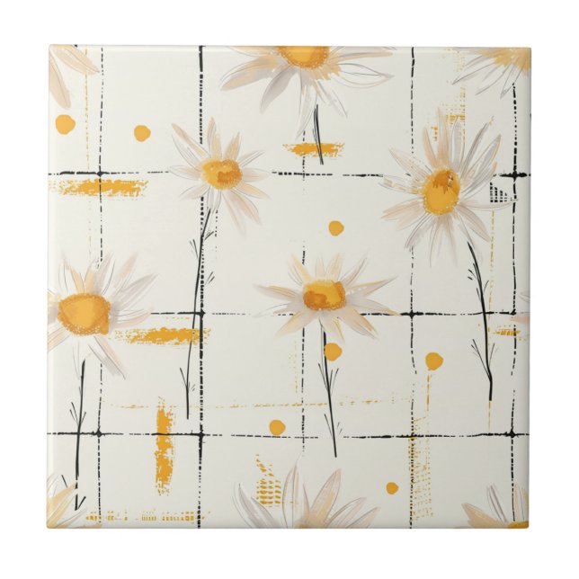 White and Yellow Daisies - Rustic Plaid Background Ceramic Tile (Front)