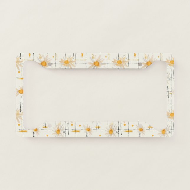 White and Yellow Daisies - Rustic Plaid Background License Plate Frame (Front)