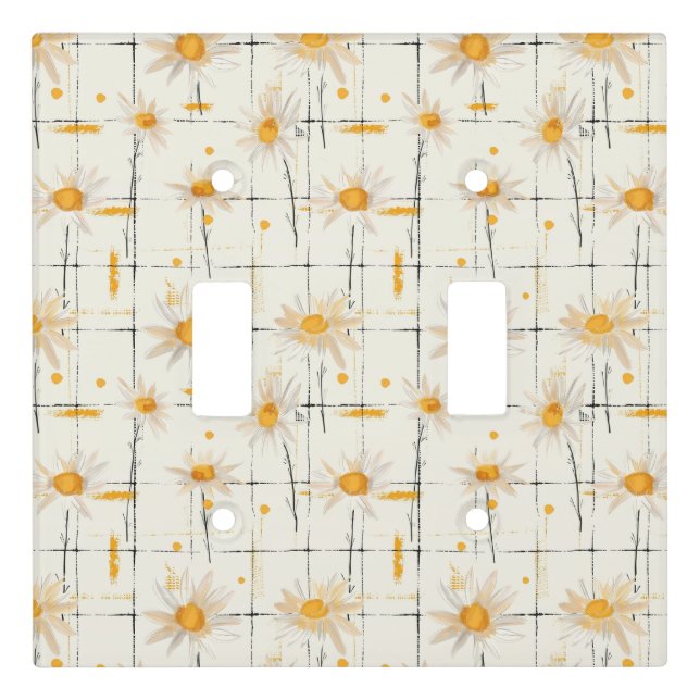 White and Yellow Daisies - Rustic Plaid Background Light Switch Cover (Front)