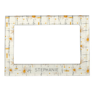 White and Yellow Daisies - Rustic Plaid Background Magnetic Frame
