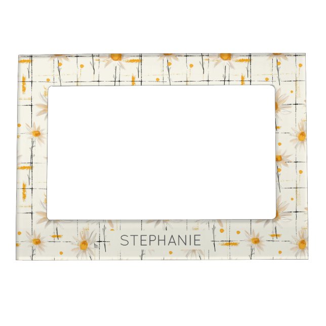 White and Yellow Daisies - Rustic Plaid Background Magnetic Frame (Front)