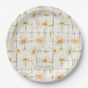 White and Yellow Daisies - Rustic Plaid Background Paper Plates
