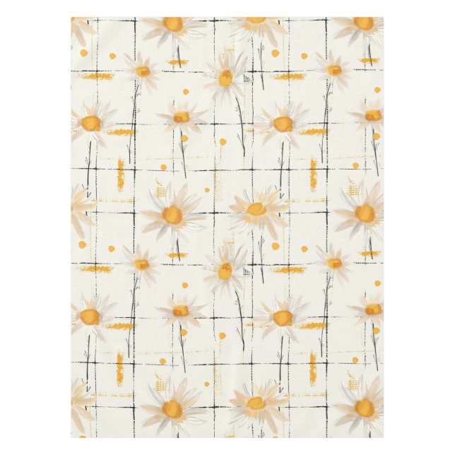 White and Yellow Daisies - Rustic Plaid Background Tablecloth (Front)