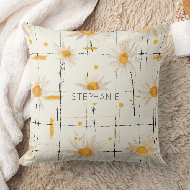 White and Yellow Daisies - Rustic Plaid Background Throw Pillow (Blanket)
