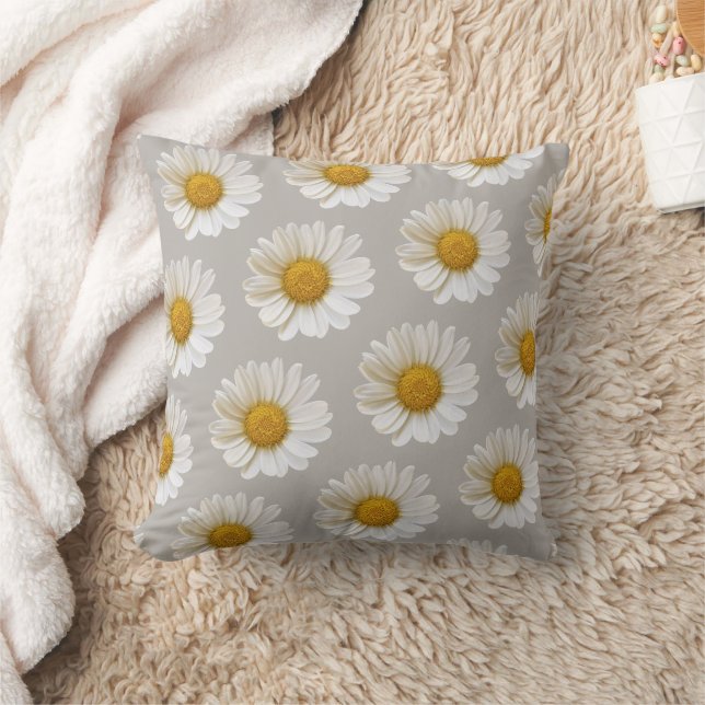White and Yellow Daisy Pattern Gray Floral Throw Pillow (Blanket)