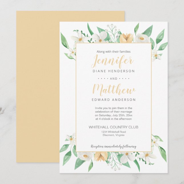 White and Yellow Floral Framed Floral Wedding Invitation (Front/Back)