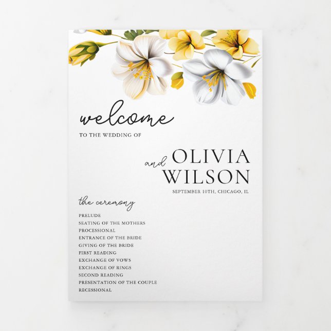 White and Yellow Floral Wedding Program Timeline (Cover)