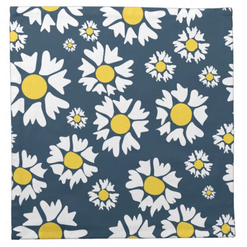 White and Yellow Flowers Blue Backgroung Pattern Cloth Napkin