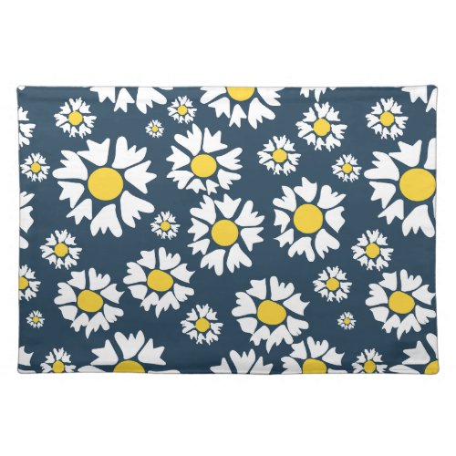 White and Yellow Flowers Blue Backgroung Pattern Cloth Placemat
