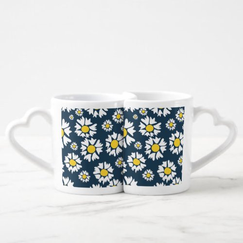 White and Yellow Flowers Blue Backgroung Pattern Coffee Mug Set