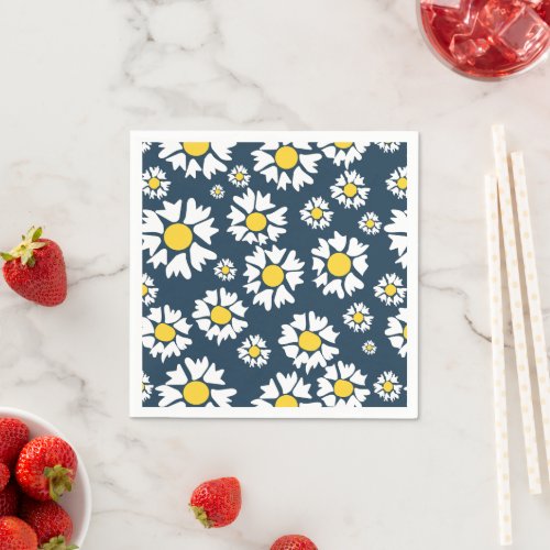 White and Yellow Flowers Blue Backgroung Pattern Napkins