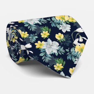 White and Yellow Flowers Floral Pattern Neck Tie