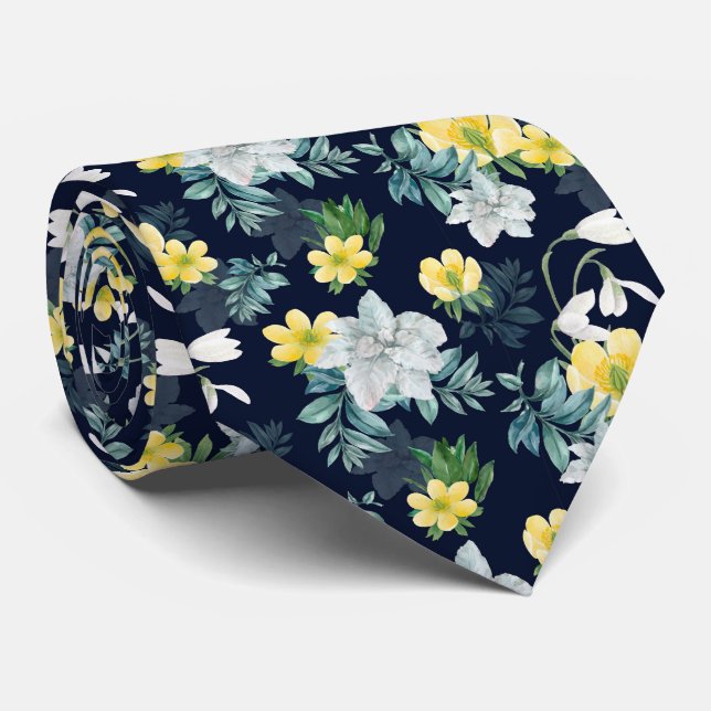 White and Yellow Flowers Floral Pattern Neck Tie (Rolled)