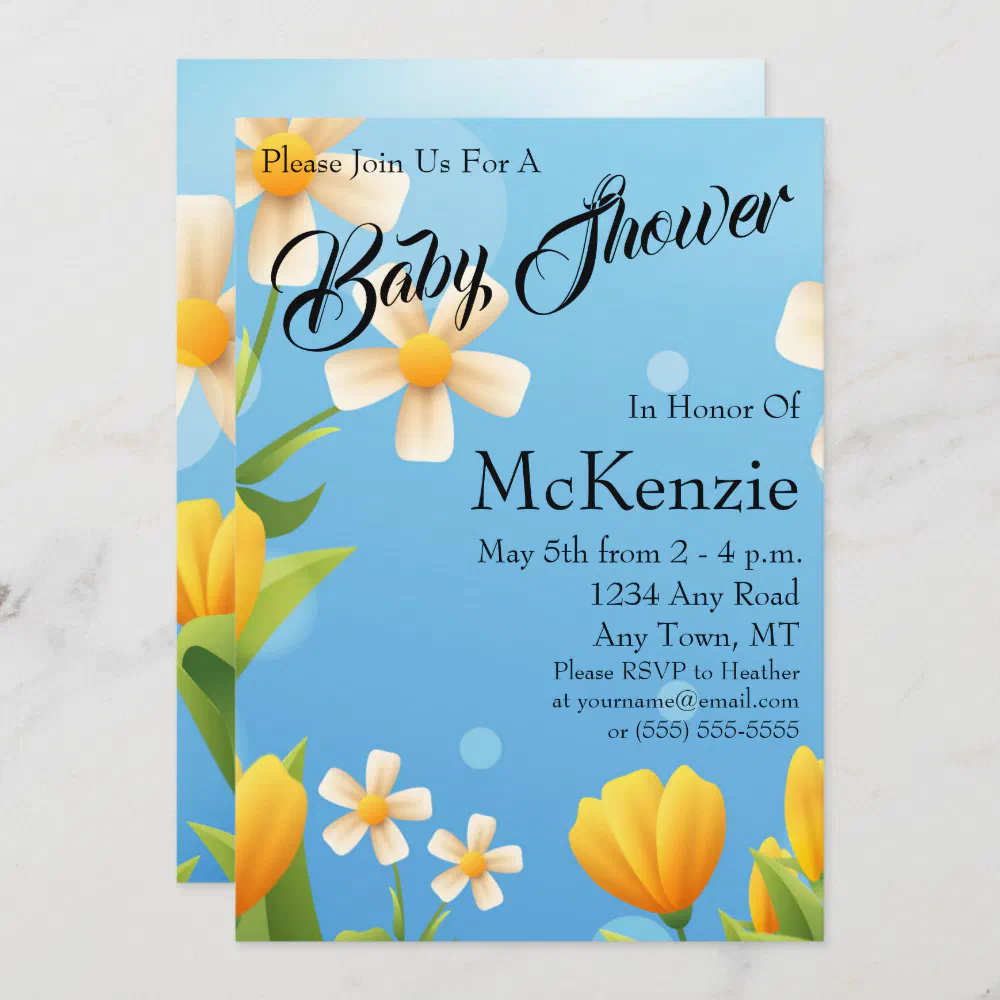 White and Yellow Flowers On Blue Baby Shower Invitation