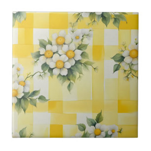 White and Yellow Flowers on Yellow Farmhouse Check Ceramic Tile
