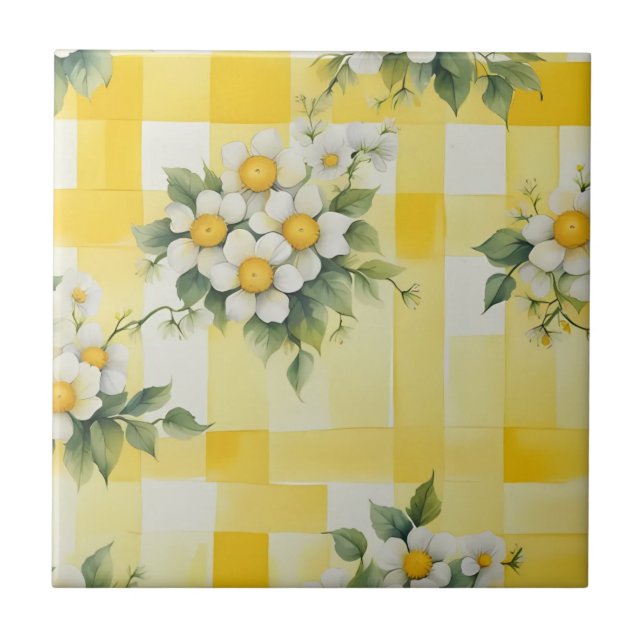White and Yellow Flowers on Yellow Farmhouse Check Ceramic Tile (Front)