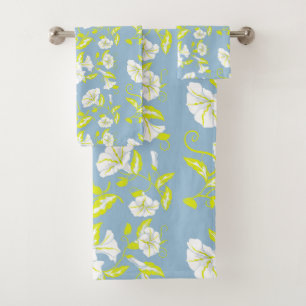 White and yellow flowers pattern on gray bath towel set