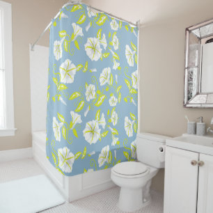 White and yellow flowers pattern on gray shower curtain