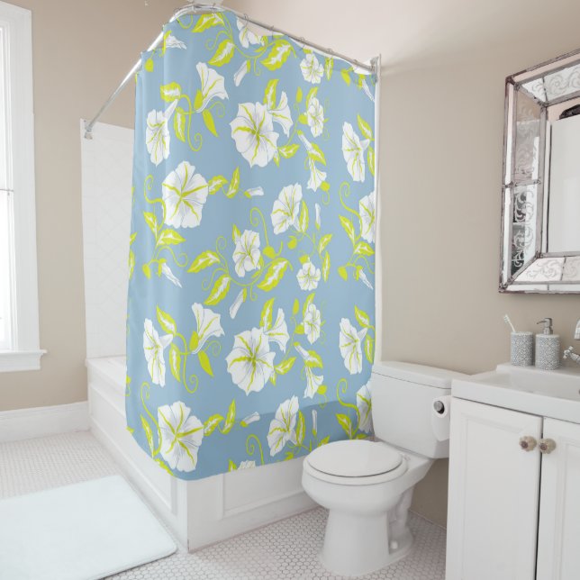 White and yellow flowers pattern on gray shower curtain (In Situ)