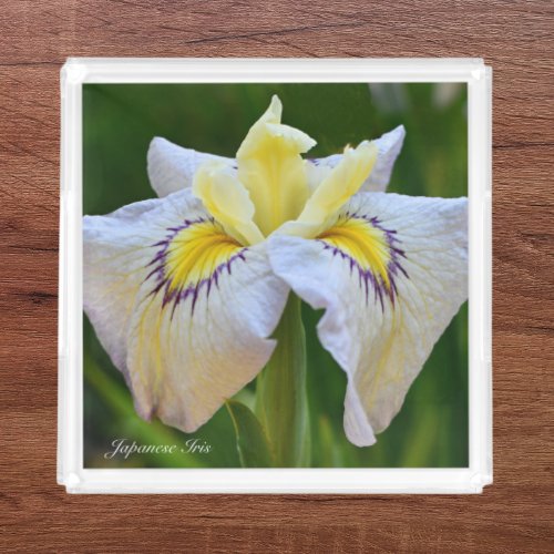 White and Yellow Japanese Iris Floral Acrylic Tray