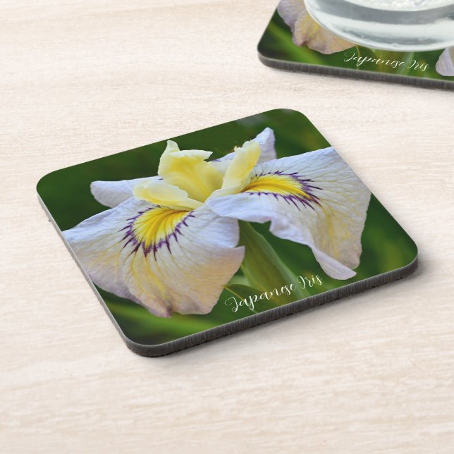 White and Yellow Japanese Iris Floral Beverage Coaster (Left Side)
