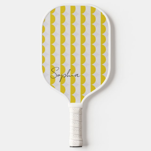 White and Yellow Moon Pattern Modern Monogram  Pickleball Paddle (Front)