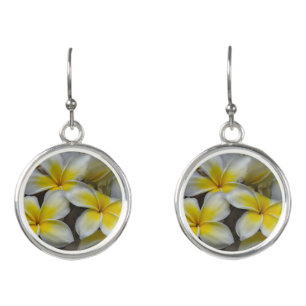 White and Yellow Plumeria Tropical Flower Earrings
