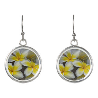 White and Yellow Plumeria Tropical Flower Earrings